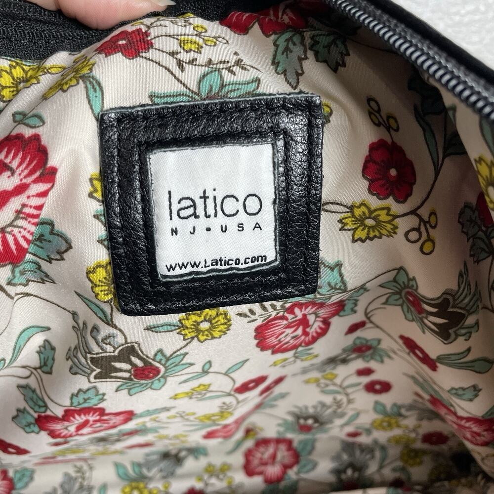 Latico Black Leather Tote Bag Zip Top Shoulder Purse Floral Lining 15"x11" - Picture 4 of 11